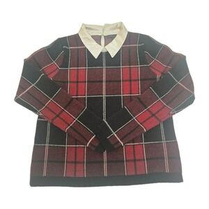 Tahari Plaid Sweater Large Old Money Preppy Holiday Academia PeterPan Collar Red